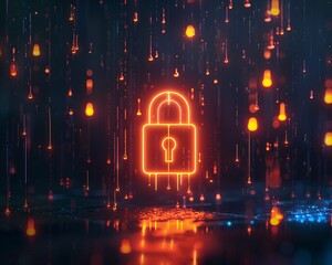 A glowing neon padlock icon on a dark, pixelated background, with neon raindrops streaming down, symbolizing the protection of digital assets against cyber threats.