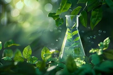 An organic chemical laboratory, with green leaves and plants swirling around it, representing the bio PEOPLE's commitment to ecofriendly science.