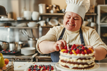 Chef decorating a cake with fresh fruit