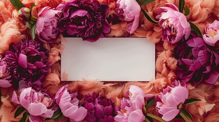 A luxurious display of dark pink peonies surrounding an empty white note frame, on a peach fuzz texture, conveying love and warmth for Valentine's Day.