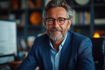 Obraz premium A confident portrait of a mature Caucasian businessman exuding professionalism and contentment in a modern office.