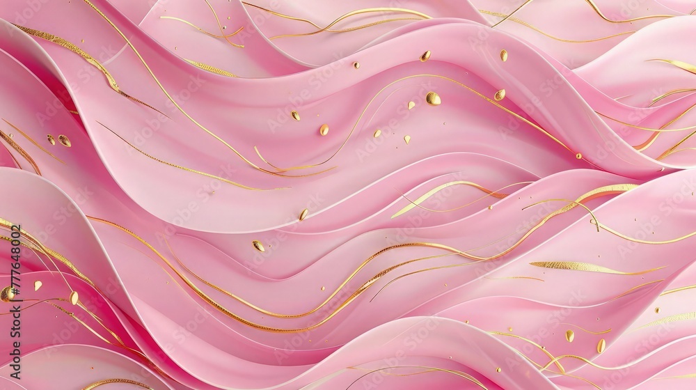 Poster a luxurious background with elegant pink waves and swirls intertwined with delicate gold-painted spl