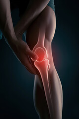 Close-up of the knee of an athlete touching it due to discomfort with an internal view of the bones on a dark background