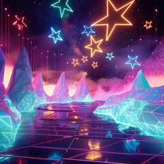 Futuristic neon stars cascading over a dynamic abstract geometric landscape, a celestial dream. - obrazy, fototapety, plakaty