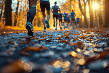 View from the ground of a group of runners in a popular race running through a path with a large grove of trees and golden sunlight illuminates an autumn scene