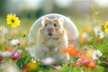Hamster in a transparent ball among colorful wildflowers