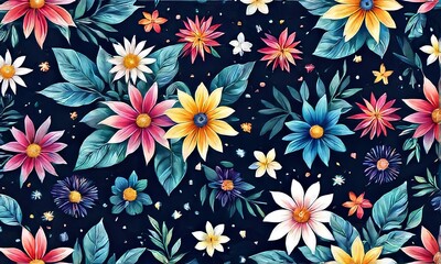 Vibrant, intricate floral design set against dark background, creating visually appealing contrast between colorful flowers, dark backdrop. For website design, advertising, greeting cards, magazines. - obrazy, fototapety, plakaty