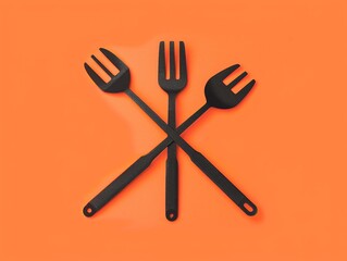 Sleek silhouette of a barbecue fork and spatula crossed, representing outdoor cooking, on a vibrant solid hue.