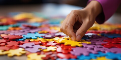 A person placing a puzzle piece into a complete picture