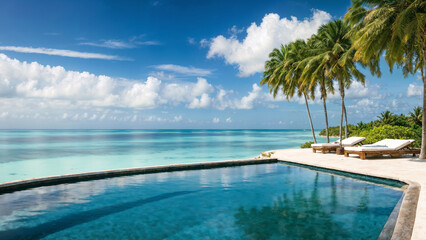 Fototapeta na wymiar Luxurious infinity Pool Overlooking Serene Ocean Beach. Luxury panoramic sea view.
