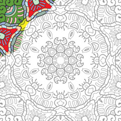 Decorative doodle pattern for coloring book. Hand drawn fantasy line art, floral geometric ornament for painting, coloring page. Tribal ethnic decoration. Black and white with sample of colors - obrazy, fototapety, plakaty
