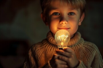Young boy with eyes lit up, holding a glowing lightbulb, symbol of fresh ideas, solid backdrop.