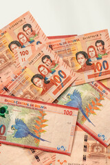 Bolivian banknotes of 100 bolivianos, a lot of money, Vertical, close up, Concept, Bolivia finance - 777649040
