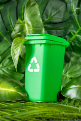 Beautiful green waste bin incorporated into the forest greenery, concept, Renewable Energy. Environmental protection, sustainable energy sources, waste recycling, issues important to the world,