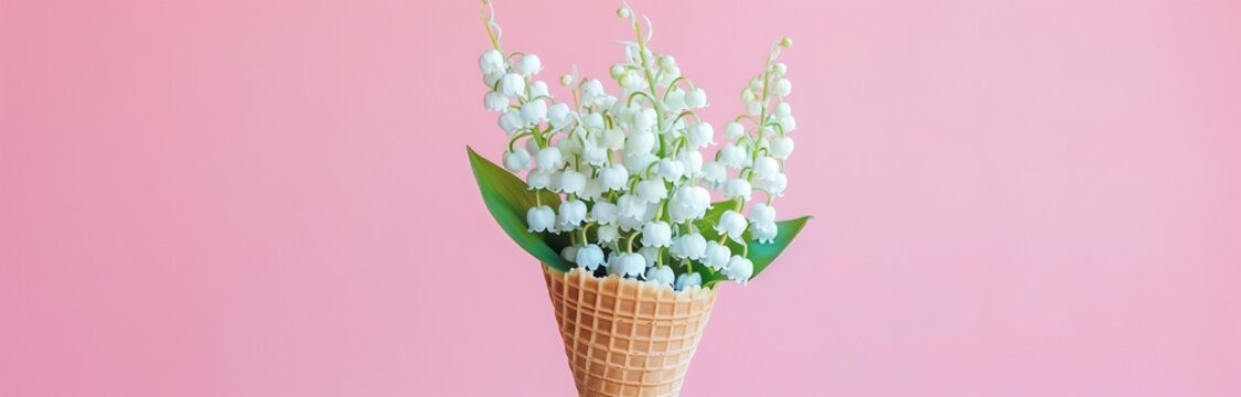small bouquet of lilli from the valley flowers in an ice cream cone isolated on pink background