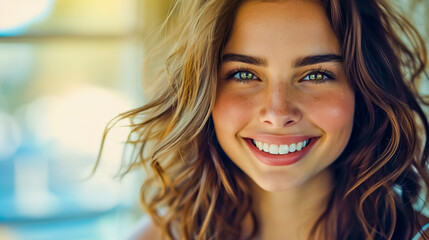 Smiling beautiful woman portrait, facing front.