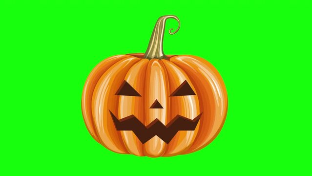4k Creepy Smiling Halloween Pumpkin Isolated on Green Screen. Animated laughing pumpkin character with creepy face expressions Happy Halloween Trick or Treat. Glowing Pumpkin Lantern Element.