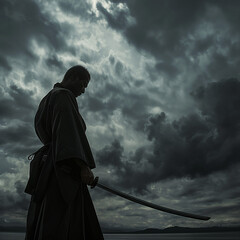 A samurai with a katana sword with a manly, distant face after a bloody battle