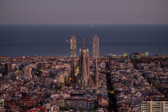 Barcelona City, City Skyline At Dusk