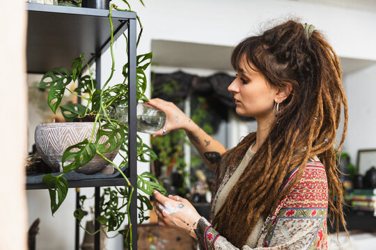 Woman watering plants in studio
