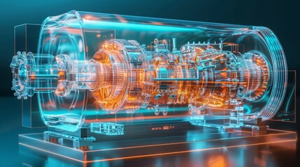 An industrial engine transparent modern high-tech centrifugal electric pump with asynchronous electric motor on a blue background with reflection