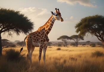 Wild African giraffe in an open savannah - obrazy, fototapety, plakaty