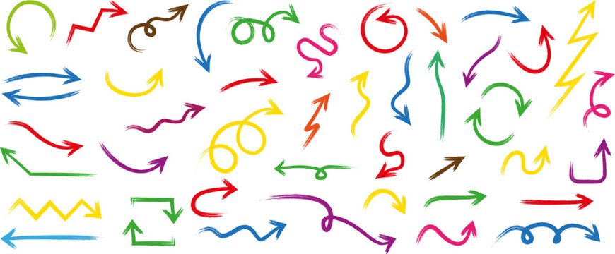 Set of simple hand drawn  arrows . Set vector hand drawn arrows mark icons . Colorful simple pointer arrows collection . Simple colored arrow collection. Vector hand drawn arrow mark vector 
