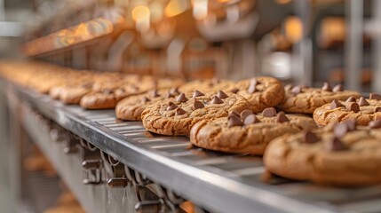 Chocolate chip cookies on a conveyor belt in a bakery factory - obrazy, fototapety, plakaty