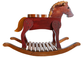 Isolated toy rocking wooden horse on a transparent background png; vintage grandfather's handmade...