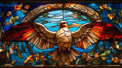 Vibrant stained glass The winged dove symbolizes the Holy Spirit of the New Testament.