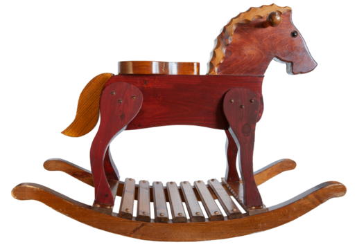 Isolated toy rocking wooden horse on a transparent background png; vintage grandfather's handmade toy for his grandchildren 