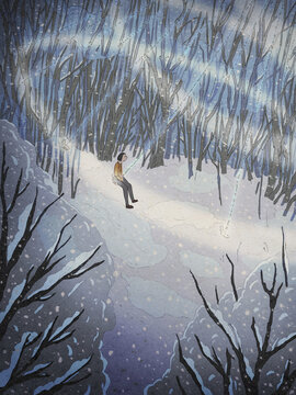 Person rides on carousel in snowy forest