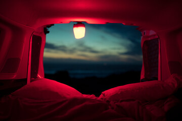 Dreamy view from camper van bed at night
