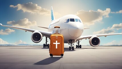 A plane carrying bags and a Christian symbol on the runway of the airport. Christian concept of travel and tourism.
