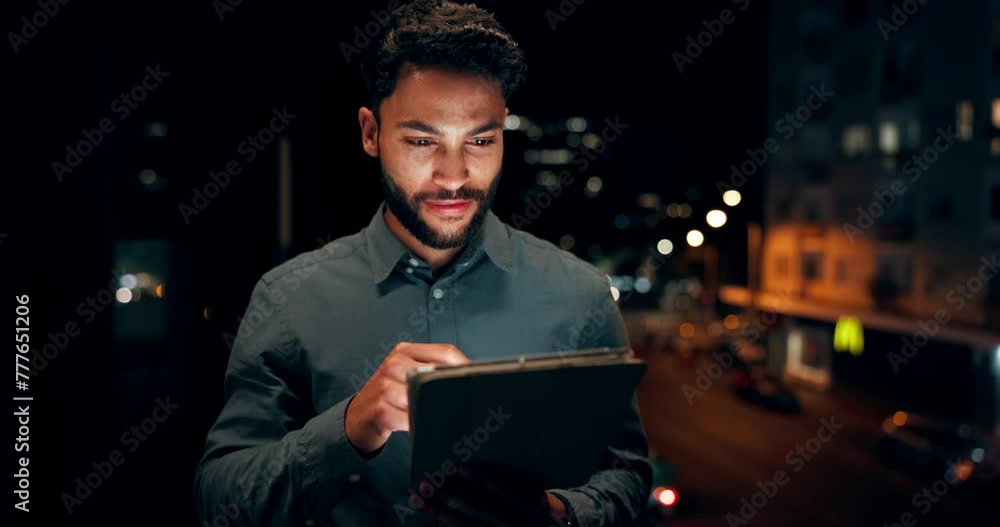 Leinwandbilder Professional, man and web developer with tablet at night for cyber security, testing and maintenance of website with internet. Smile, information technology and male person for software development