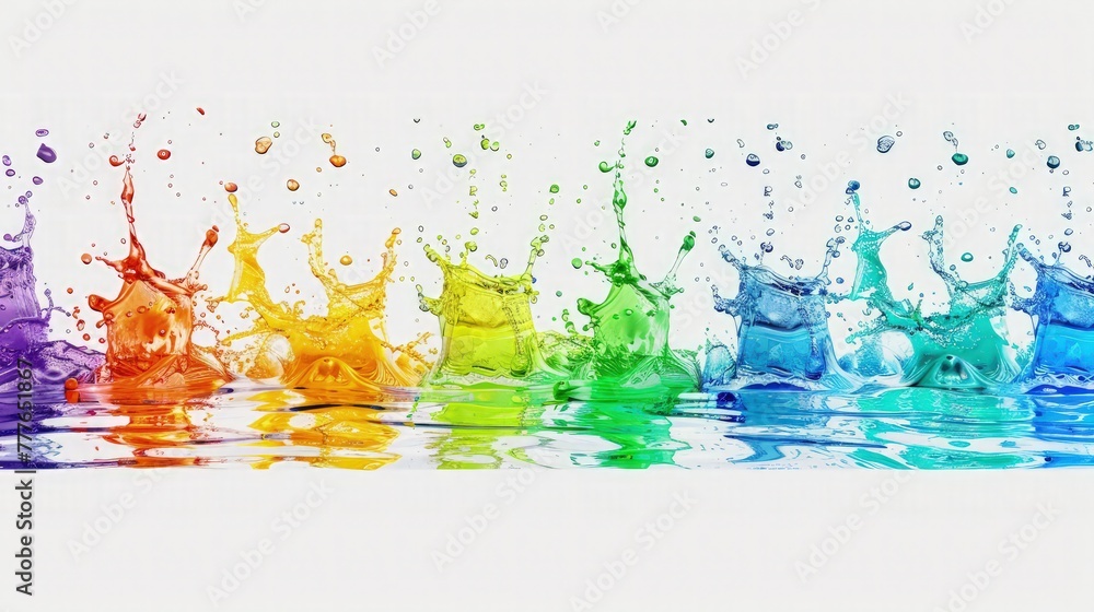 Poster a long banner with a row of colorful water splashes. each splash is a different color of the rainbow