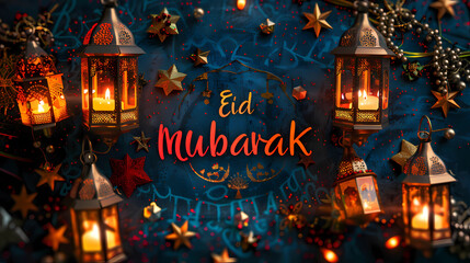 An elegant illustrated Eid poster with text Eid Mubarak