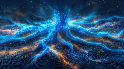 Blue energy roots imbued with energy, abstract background illustration of a tree in the dark