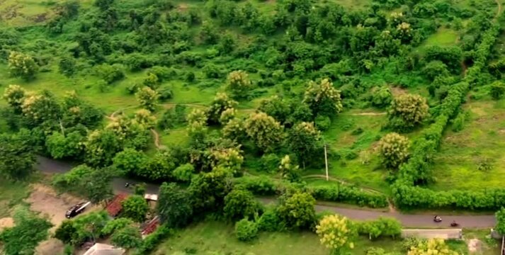 aerial video of forests on the slopes of the mountains and there are several stopover houses where you can enjoy the beauty of nature