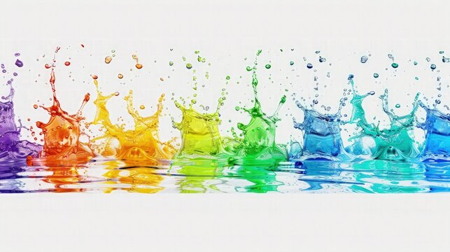 A long banner with a row of colorful water splashes. Each splash is a different color of the rainbow, creating a vibrant and lively pattern against the white background.
