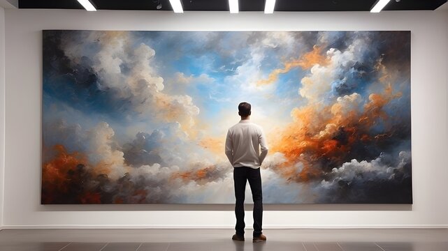 Trust. background of heaven. Man studying abstract sky painting on art gallery wall in back