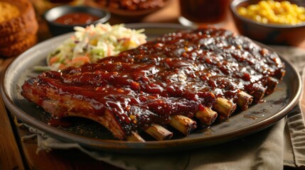 A mouthwatering plate of BBQ ribs, with tender meat smothered in tangy barbecue sauce, served with coleslaw, cornbread, and baked beans for a classic Southern feast that's finger-lickin' good. - obrazy, fototapety, plakaty