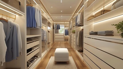a visually appealing AI image of a contemporary white wood walk-in closet with a luxurious feel attractive look
