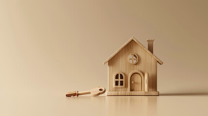 A wooden house figurine with a key next to it, symbolizing homeownership, new rental, or visualizing the concept of moving into a new home. Minimalism. Beige background and studio photography.