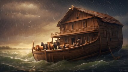 During the flood, with the rain coming down, Noah's Ark.