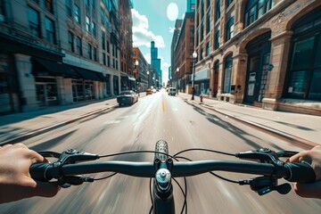 First-person view riding a bicycle in a vibrant city street