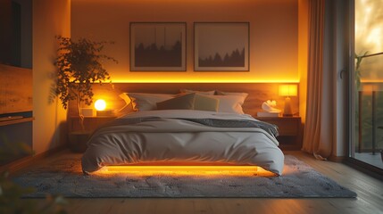 Stylish bedroom with ambient lighting at night