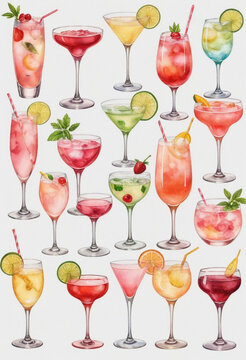 Light Pink Array Of Cute Watercolor Clipart Of Different Types And Colors Of Cocktail Glasses With Different Types Of Drinks In Them Such As A Wine Glass, Champagne Bottle, Martini Cup, Mimosa, And Ma