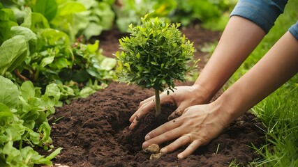 Demonstrating Gardening Basics and Planting Techniques: Hands Planting Small Tree in Garden. Concept Gardening Tips, Planting Techniques, Small Tree Planting, Outdoor Activities, Green Thumb Basics