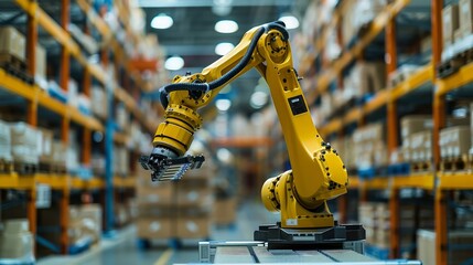Robotic arm in motion amidst shelves in a distribution hub